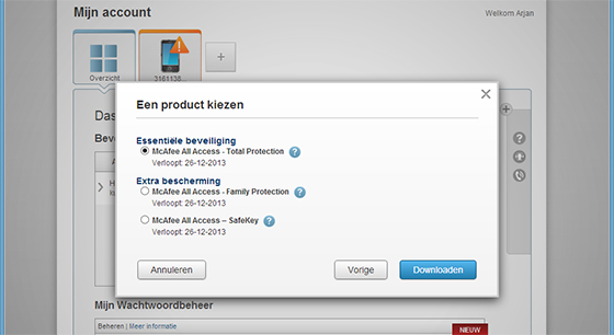 McAfee All Access 2013 Accountpagina