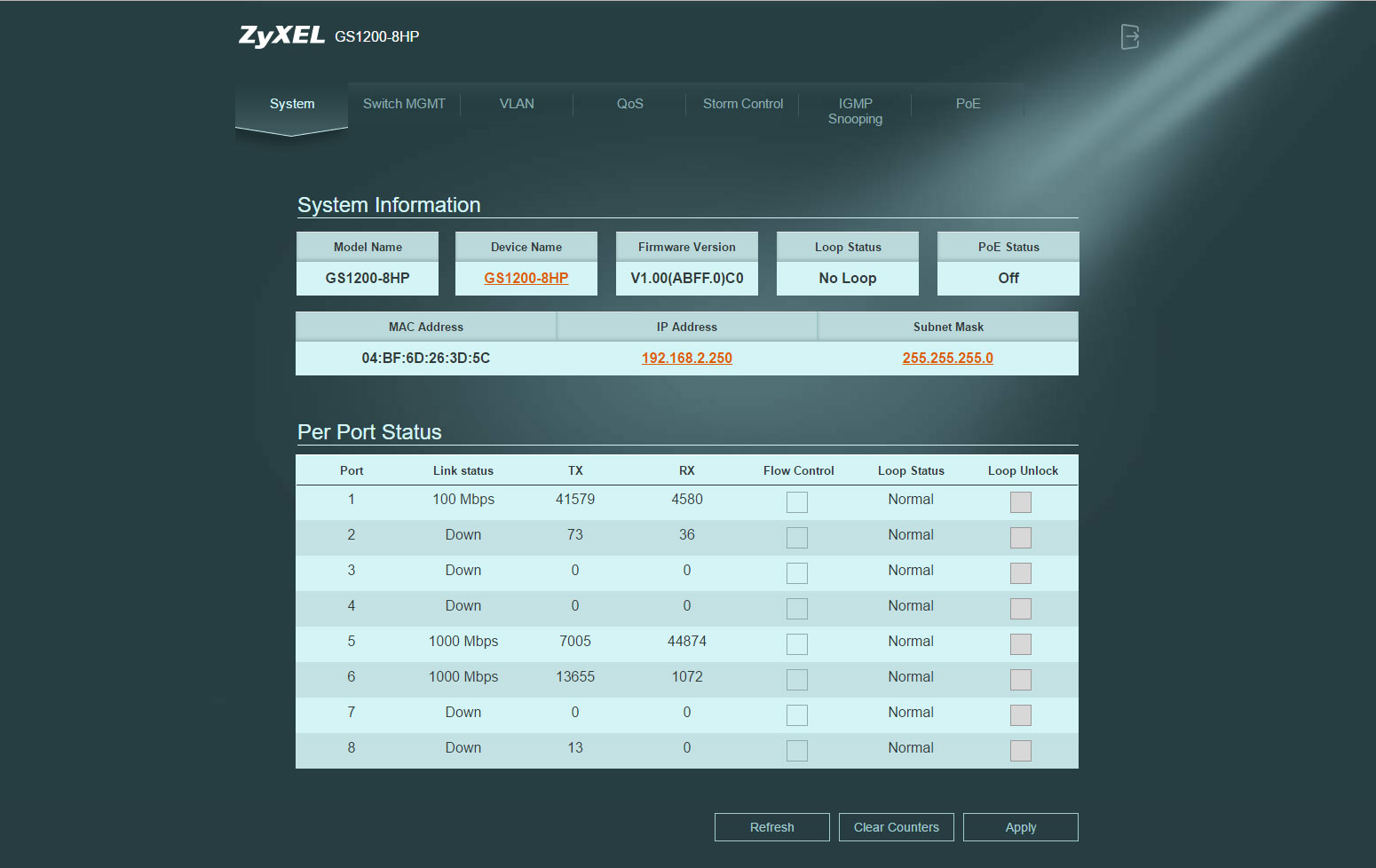 ZyXEL GS1200-8HP Web Interface