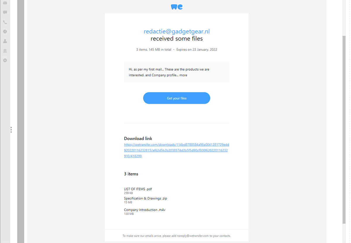 Nep WeTransfer mail