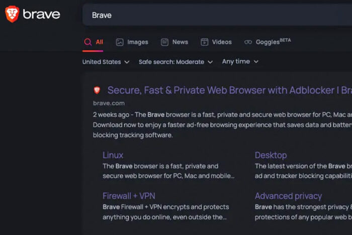 Screenshot van de Brave zoekmachine