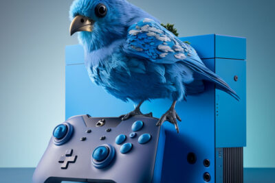 Blauwe vogel op een controller