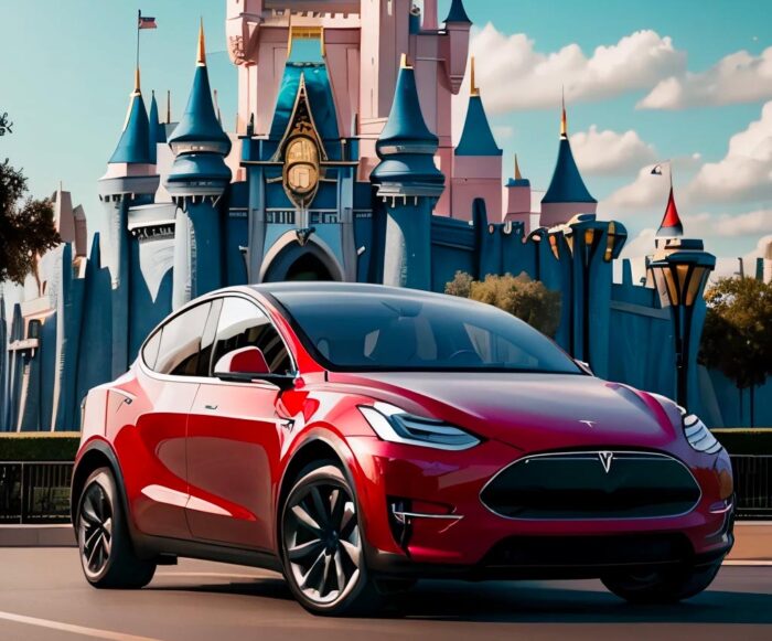 Tesla in Disneyland, getekent door SeaArt.ai