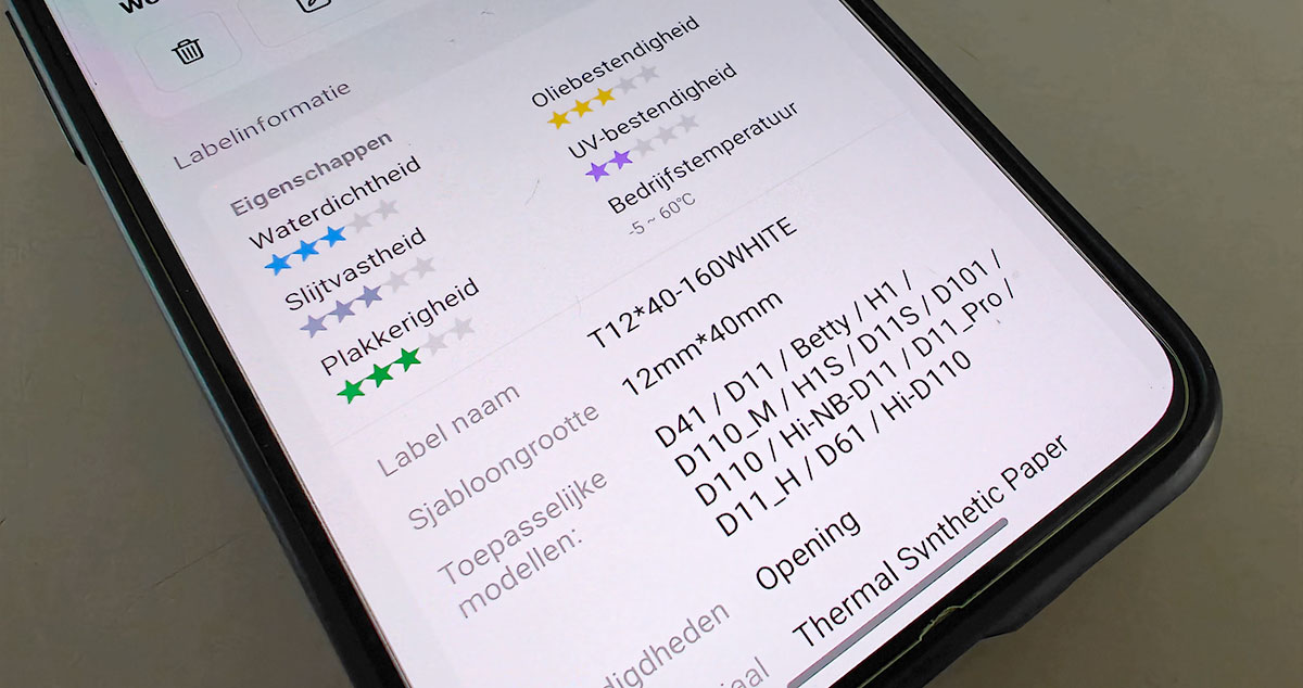 Niimbot app etiket informatie