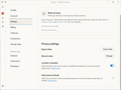 Claude Privacy Scherm