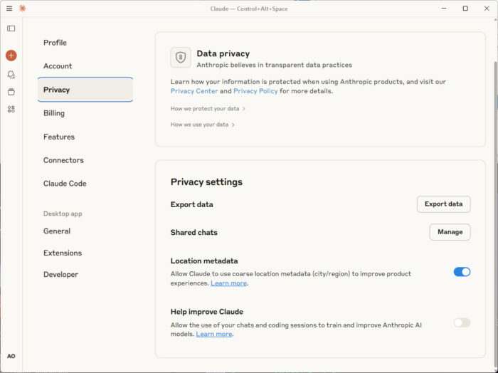 Claude Privacy Scherm